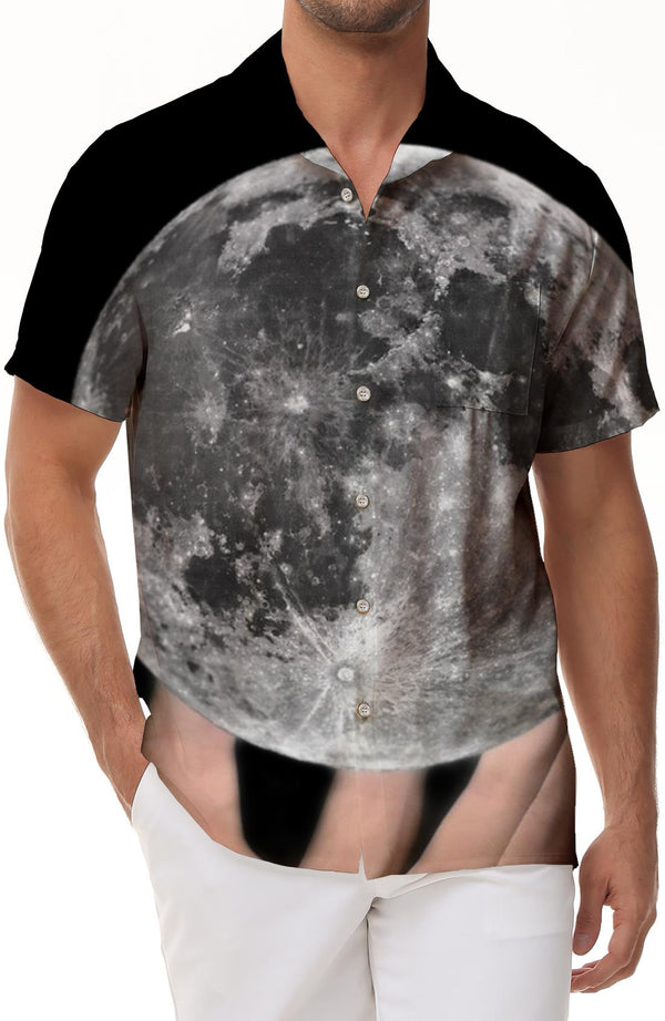 Moon in Hand Button Collar Shirt with Pocket Ball Men's Short Sleeve Shirt Men's Casual Short Sleeve Shirt Loose Vacation Seaside Party