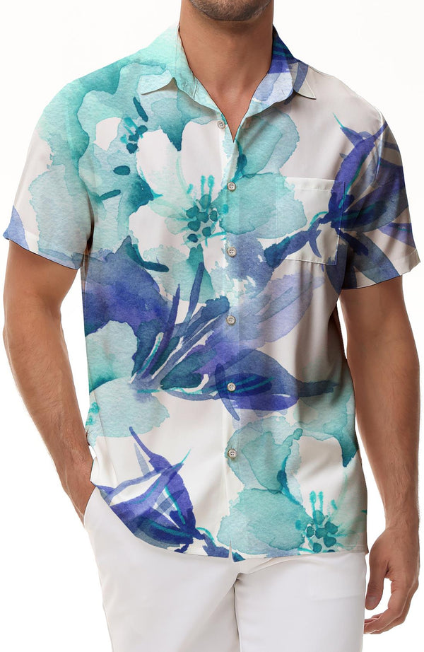 Flower Watercolor Vintage Men's Button Lapel 3D Printing Novel Retro Casual Beach Button Top