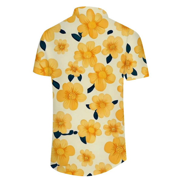 
Yellow small flower print pattern button-down lapel men's casual loose tropical Hawaiian cool fashion top
                