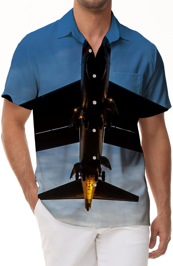 Daily travel white airplane Hawaiian sand button lapel pocket beach wear tops printed men's outdoor street short-sleeved shirt