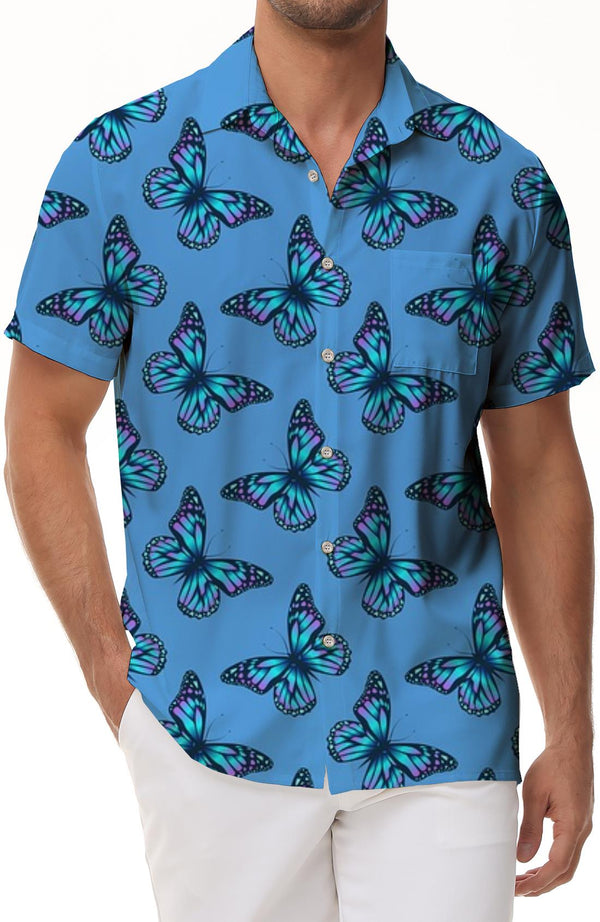 Mysterious Blue Butterfly Men's Casual Loose Fashion Daily Simple Tropical Hawaiian Lapel Button-down Shirt Short Sleeve