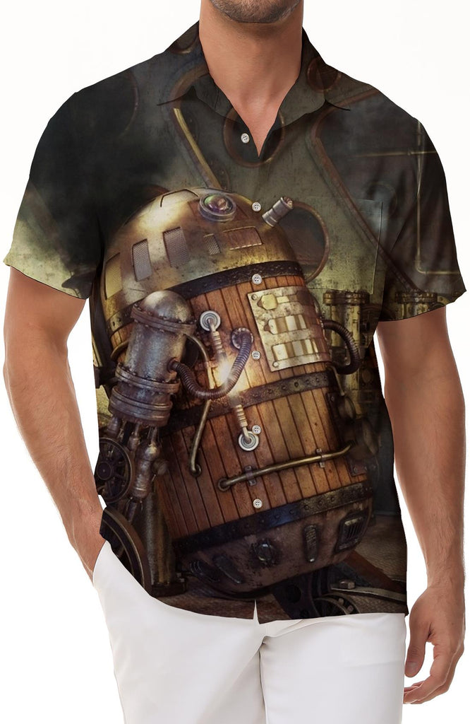 Men's Retro Barrel Robot Casual Loose Short Sleeve 3D Printed Hawaiian Pocket Seaside Beach Casual Retro Shirt