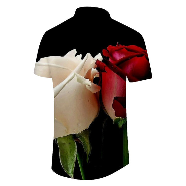
White and red roses, black casual loose daily travel short-sleeved shirt men's short-sleeved shirt beach seaside vacation
                