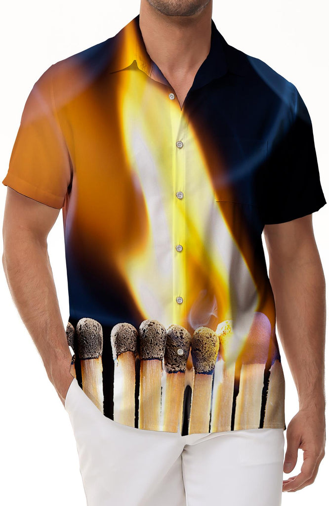Match bright flame easy breathable vacation short-sleeved shirt passionate as fire men's casual fashion button lapel short-sleeved shirt black