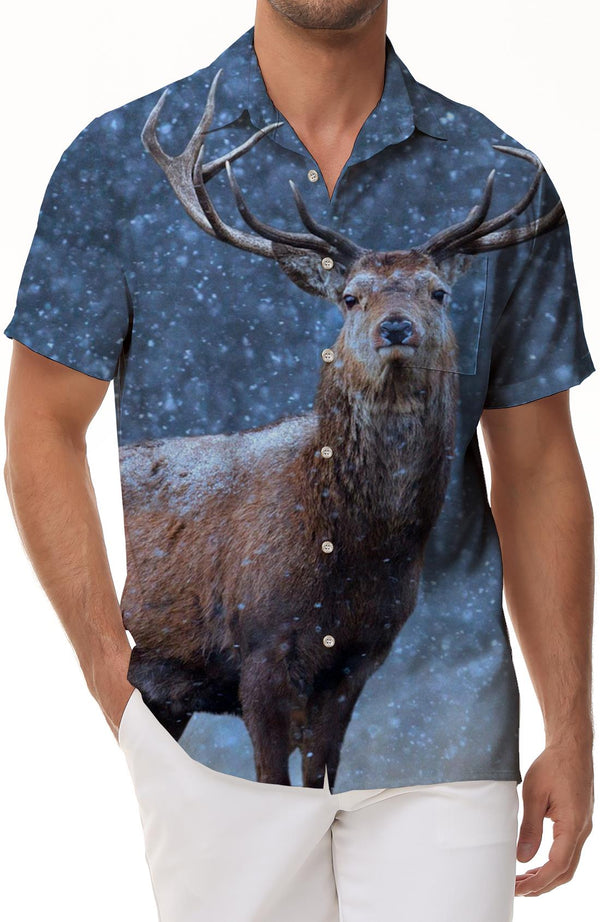 Deer in the snowy forest Men's Hawaiian shirt for a beach evening on vacation Short sleeves Casual button down