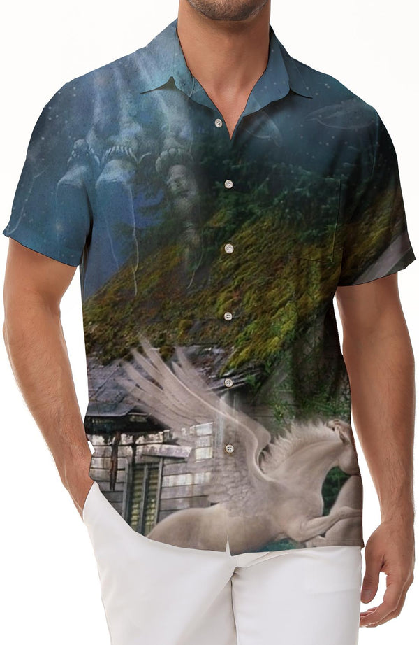 Unicorn Crossing Crystal Field Men's Regular Fit Short Sleeve Pocket Shirt Button Top Fun