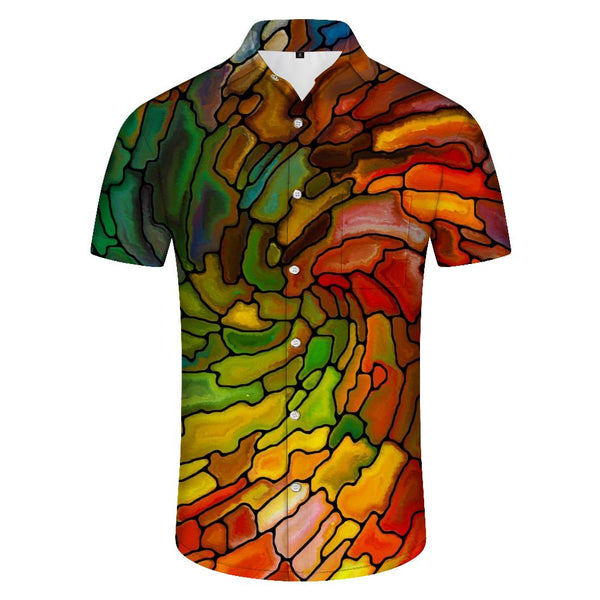 
Polyester casual shirt men's loose daily short sleeve wide version casual shirt summer Hawaiian shirt short sleeve color plaid
                