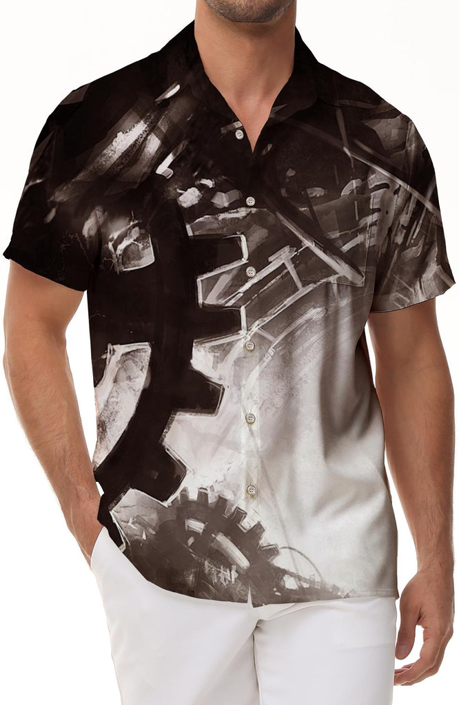 Hawaiian black and white car tool floral print pocket button shirt short sleeve button shirt suitable for beach vacation seaside