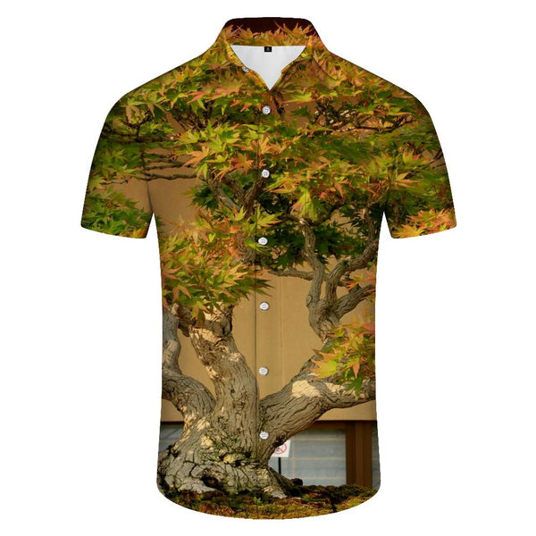 
Maple tree print Hawaiian button-down lapel pockets fashion retro style men's casual loose short-sleeved shirt 3d digital print
                