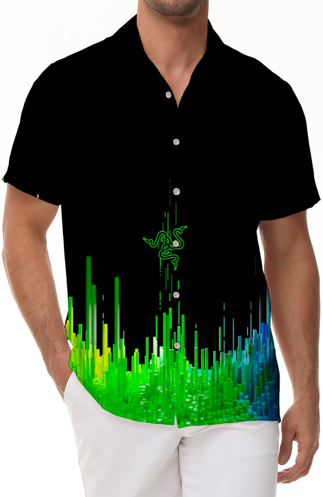 Men's Black Abstract Blue Print Pattern Lapel Summer Short Sleeve Beach Hawaiian Top Shirt