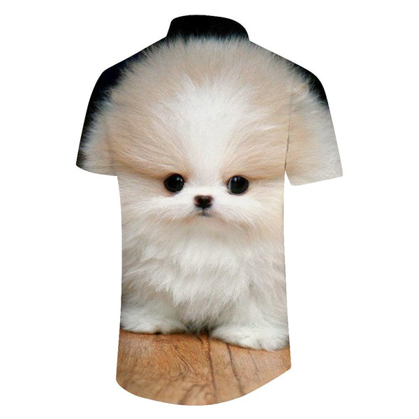 
White frizzy cute puppy men's button-down fashion style Hawaiian button-down novelty short-sleeved shirt animal
                
