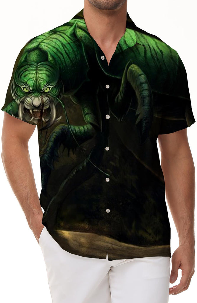 Men's Casual Button Short Sleeve Hawaiian Shirt Beach Top - Tiger Corpse Green Eyes
