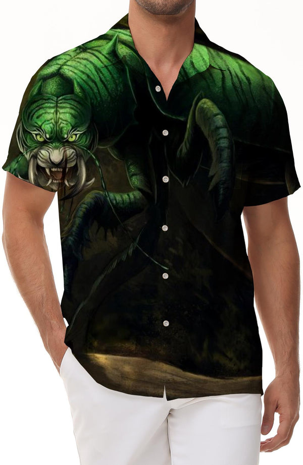 Men's Casual Button Short Sleeve Hawaiian Shirt Beach Top - Tiger Corpse Green Eyes