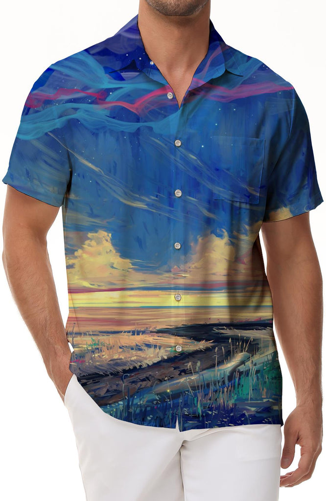 Oil painting landscape art style summer clouds shirt men's Hawaiian casual short sleeve shirt pattern button pocket top fashion