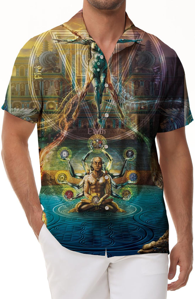 Men's Button Down Shirt Buddhist Cross Print Easter Taoism Short Sleeve Hawaiian Shirt Religious Loose Vacation Shirt