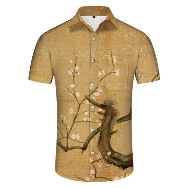 
Peach Blossom Style Ancient Art Painting Men's Casual Shirt Short Sleeve Hawaiian Button Pocket Lapel Trend
                
