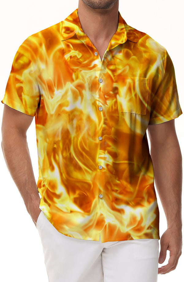 Flame Pattern Men's Casual Button Shirt Hawaiian Button Lapel Shirt Short Sleeve Holiday Beach Top