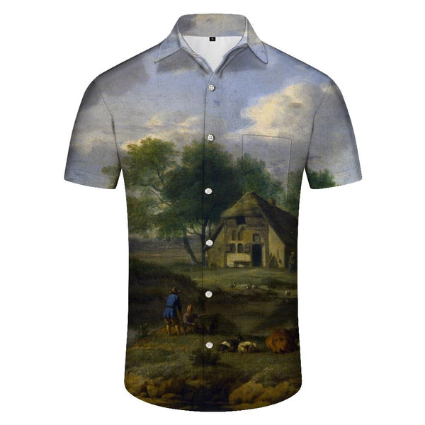 
Oil painting retro natural style Hawaiian tropical lapel tie pocket buttons Men's casual loose short sleeve shirt
                
