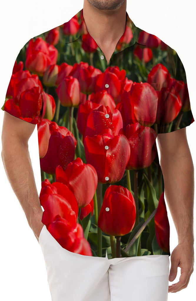 Red flower tulip pattern casual men's short-sleeved beach shirt Hawaiian button lapel pocket short-sleeved shirt beautiful flowers