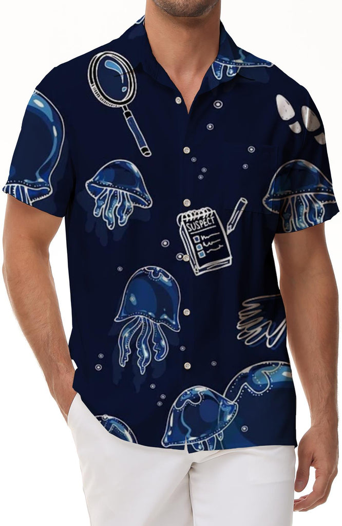 Deep Sea Jellyfish Men's Cool Fashion Hawaiian Button Lapel Tropical Vacation Seaside Short Sleeve Shirt Top