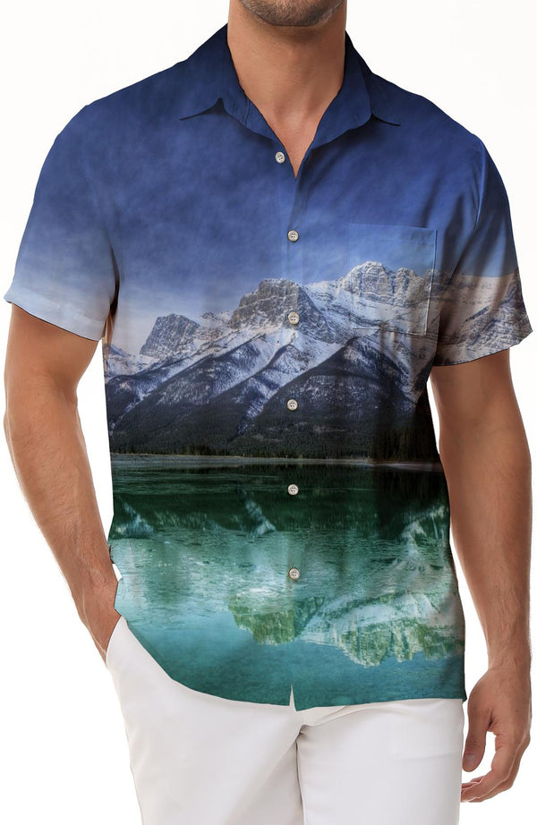 High mountain snow mountain beautiful nature scenery Hawaii button down lapel short sleeve shirt beach waves men's short sleeve button down shirt tropical