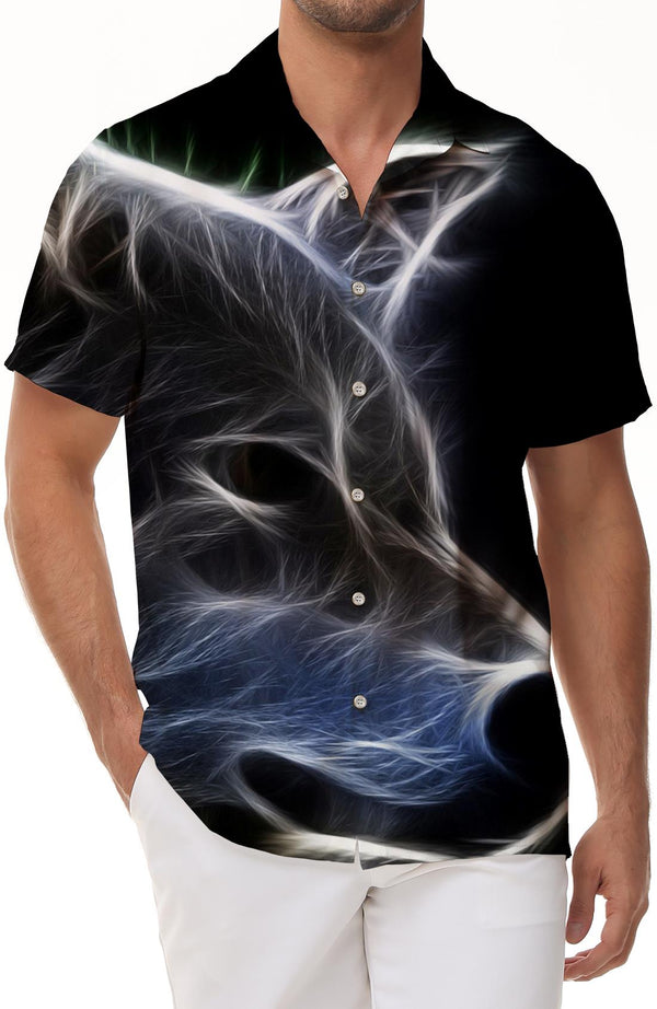 Wolf Shadow Summer Shirt Lapel Hawaiian Button Youth Beach Shirt Short Sleeve Abstract Print Wolf Head Ink Black