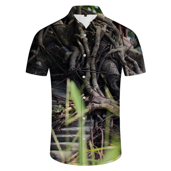 
Tree root print pattern Hawaiian button collar pocket 3D digital print fashion retro style casual loose men's short sleeve top
                