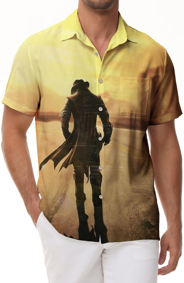 Mens Hawaiian Shirt Industrial Style Western Cowboy Mens Summer Short Sleeve Button Casual Beach Shirt