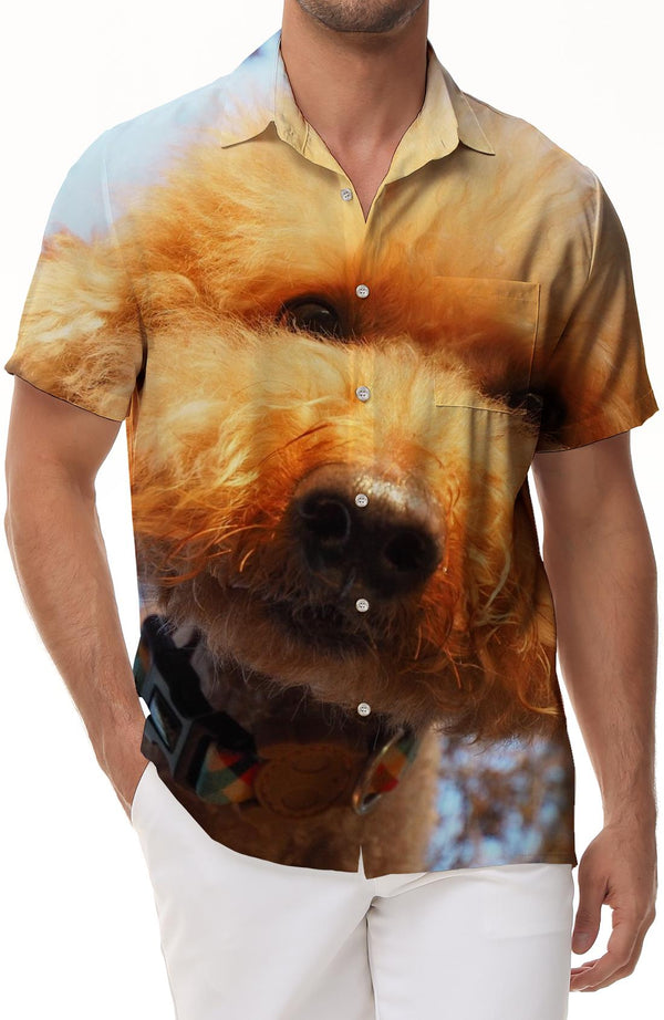 Cocker Spaniel with Vintage American Flag Men's Hawaiian Shirt 3D Print Casual Short Sleeve Button-Down Shirt Short Sleeve