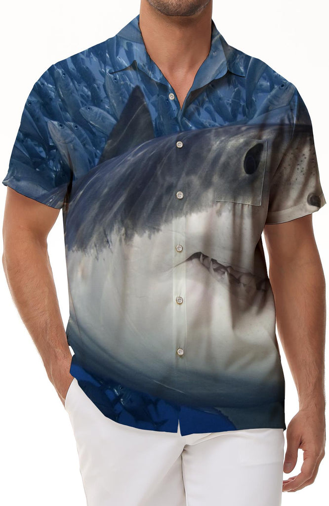 Ocean Shark Men's Cuban Collar Shirt Casual Button Down Shirt Short Sleeve Vacation Beach