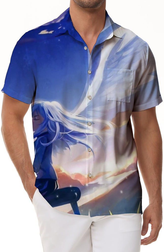 Blue cartoon angel men's summer casual regular music print shirt short sleeve lapel shirt