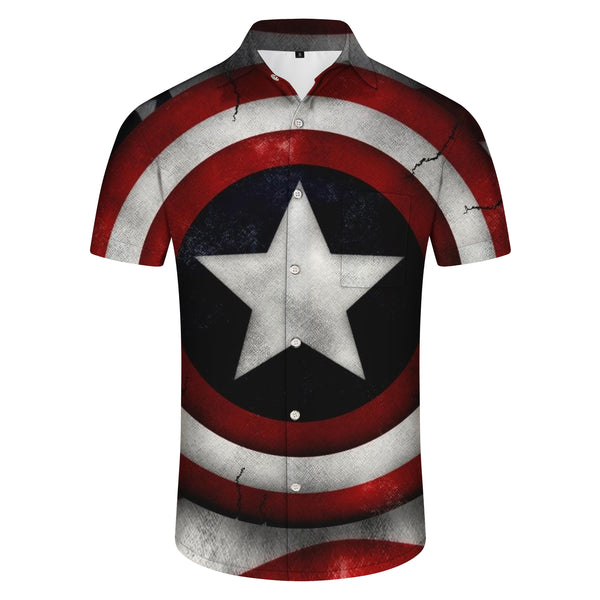 
Spring and summer Independence Day celebration men's casual retro Hawaiian button pockets with American shield print pattern
                