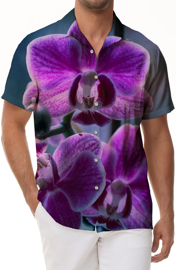 Purple orchid print seaside vacation daily travel Hawaii four seasons tropical short-sleeved shirt button lapel pocket men's