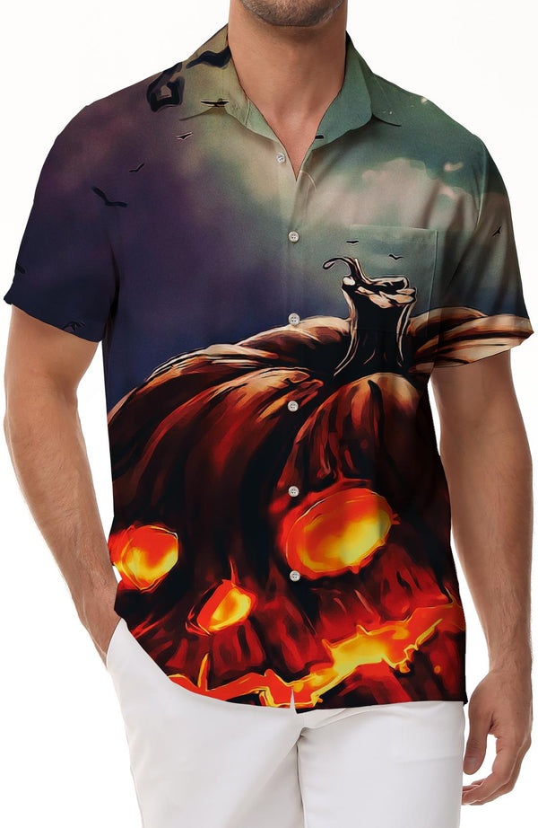 Spooky Pumpkin Pattern Men's Shirt Short Sleeve Button Fashion Holiday Shirt Halloween Hawaiian Shirt