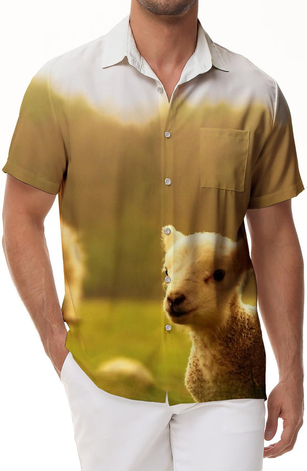 Lamb and sheep print mens shirt casual short sleeve button down beach tropical shirt fashion summer