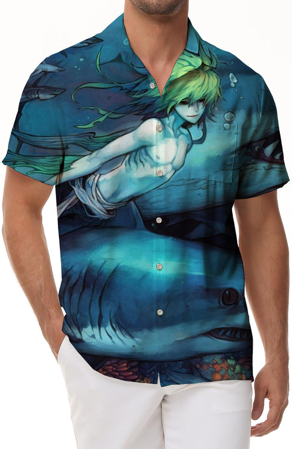Green Hair Underwater Mermaid and Shark Men's Short Sleeve Shirt Beautiful Underwater Scenery Men's Button Shirt Blue