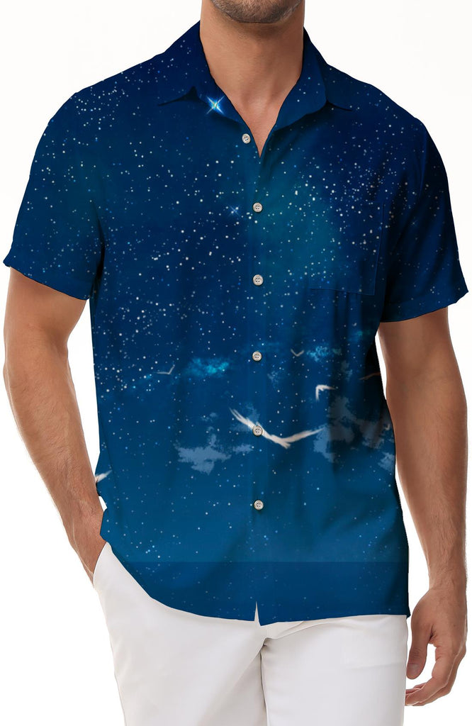 Blue Landscape Starry Sky Men's Casual Hawaiian Shirt Lapel Button Pocket Short Sleeve Shirt