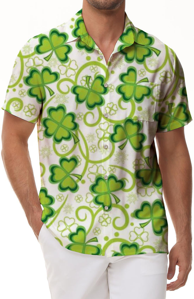 Lucky Clover Shamrock Print St. Patrick's Day Hawaiian Button Lapel Summer Shirt Men's Green Party Shirt Floral Casual Shirt Party Festival Shirt