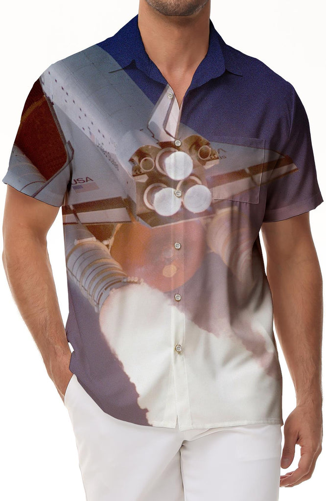 Rocket Ship NASA Style Men's Button Down Shirt Short Sleeve Lapel Casual Shirt Top Loose
