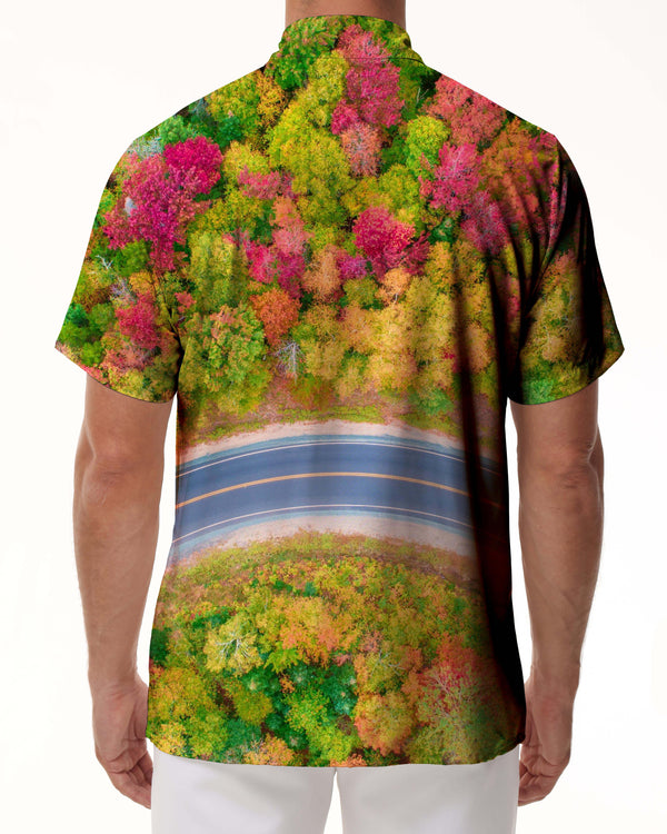 
High Speed Autumn Landscape Multicolor Trees Print Men's Casual Button Shirt Short Sleeve Summer Seaside Beach Top
                
