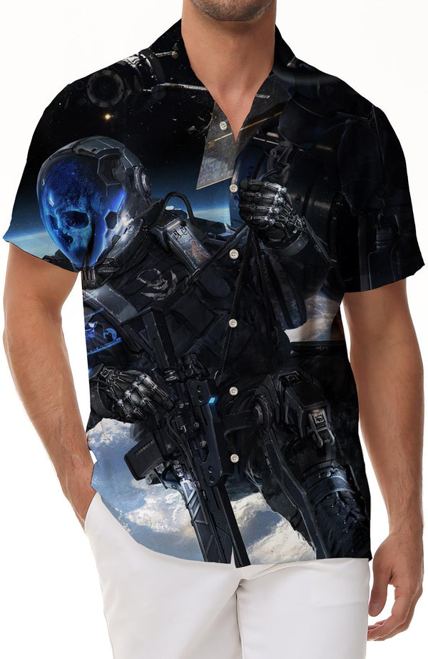 European and American popular men's new short-sleeved space alien print shirt casual Hawaiian summer shirt button-down