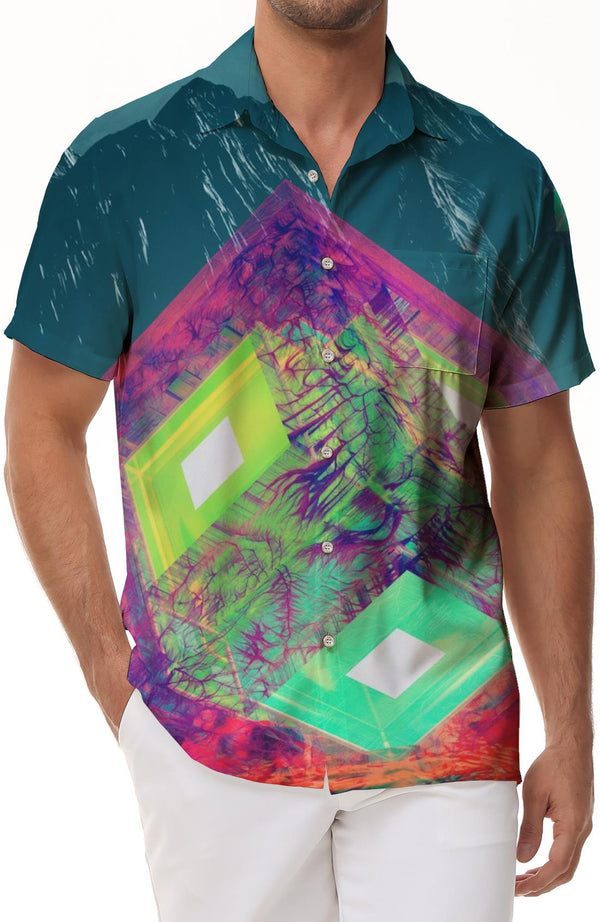 Square Glowing Geometric Pattern Tropical Beach Shirt Men's Hawaiian Shirt Button Short Sleeve Shirt Geometric