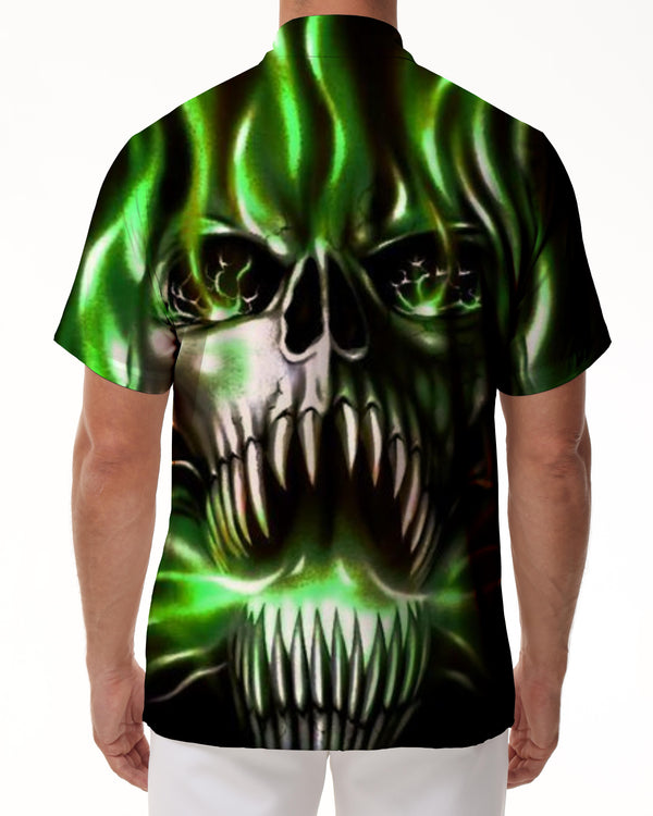 
Green loose outdoor fishing men's Hawaiian shirt skull print casual short sleeves retro collar beach
                