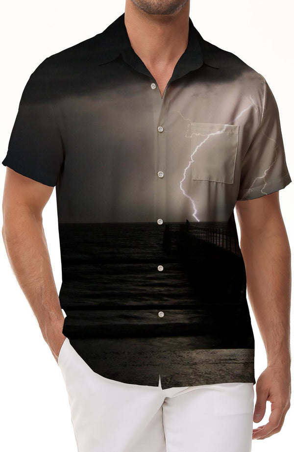 Thunderstorm Lightning Attack Men's Short Sleeve Shirt Casual Light Button Collar Vacation Beach Travel