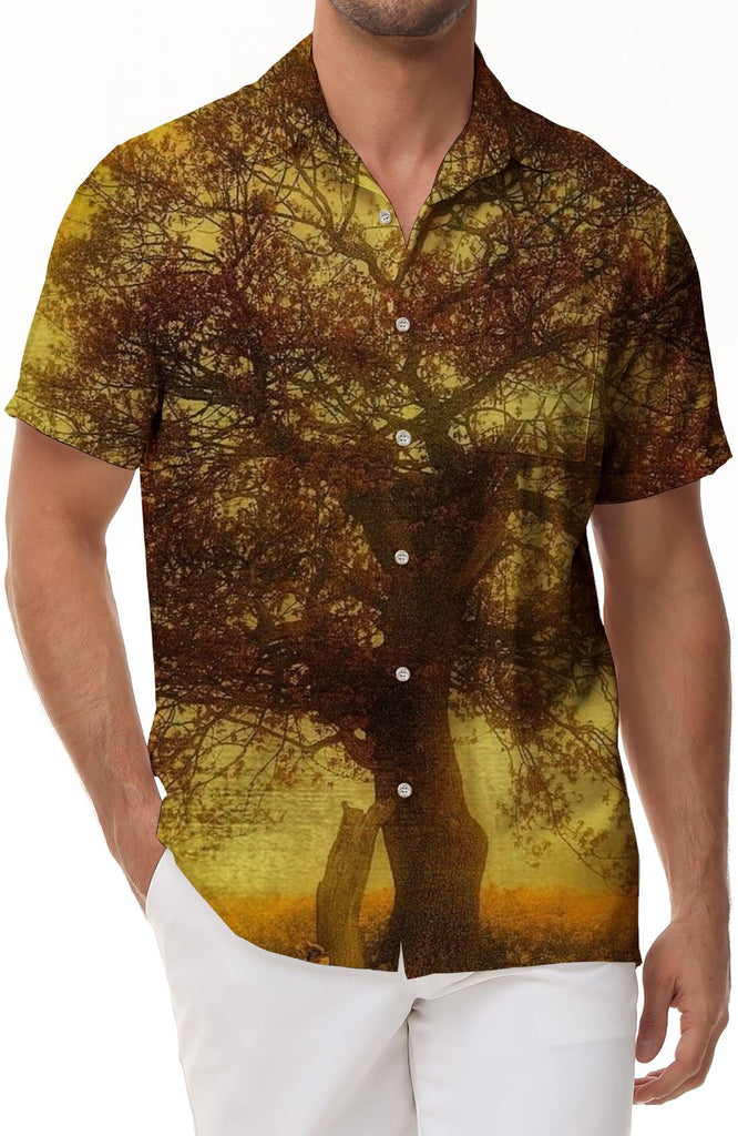 Art painting trees Hawaiian lapel pocket short sleeve shirt print pattern men summer casual short sleeve fashion