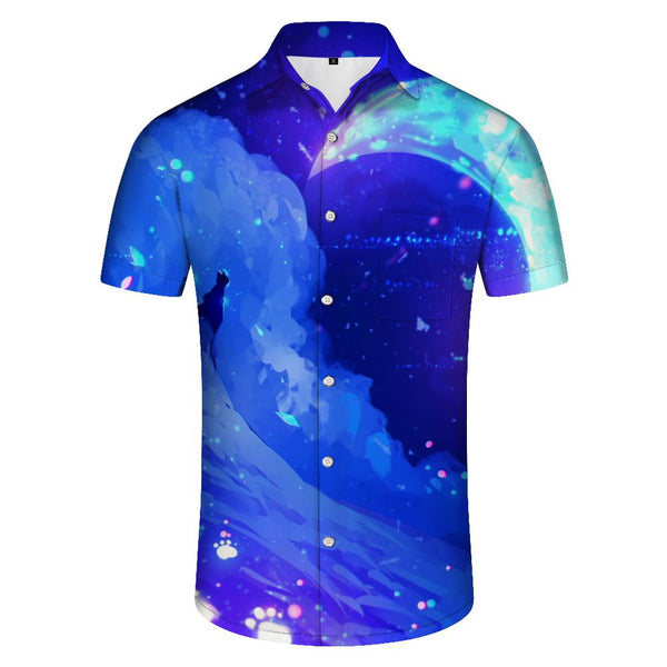 
Blue sky moon and cat shirt tops mens street animal cat summer casual retro 3d digital print pattern fashion short sleeve
                