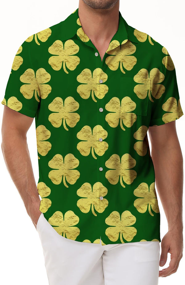Men's Regular Fit Hawaiian Shirt Green Shamrock Loose Fit Summer Beach Short Sleeve Shirt Casual Button Shirt