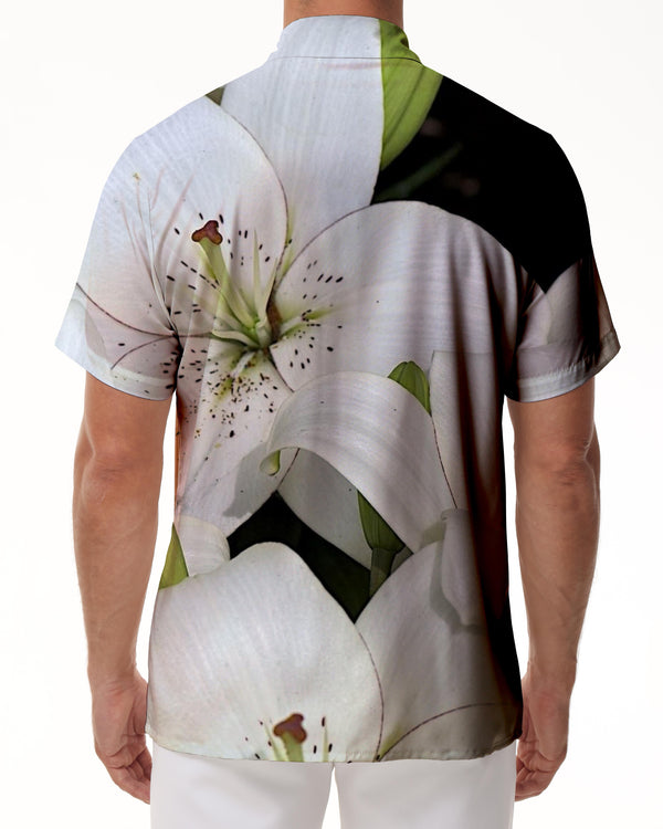 
White lily blooming flowers men's shirt short sleeves printed comfortable regular fit button lapel shirt digital print casual top white
                