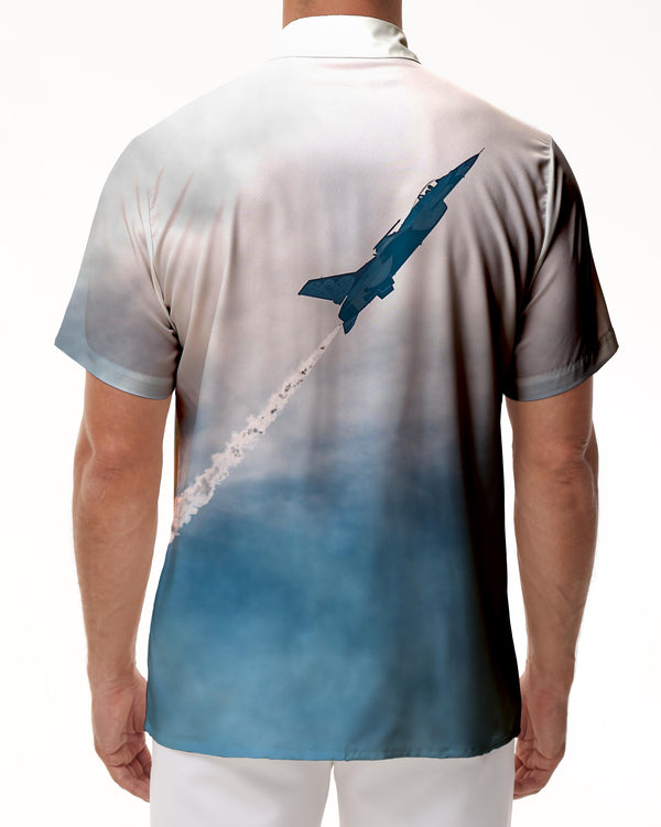
High Altitude Fighter Aircraft Beach Shirt Tropical Vacation Men's Shirt Short Sleeve Collar Button
                