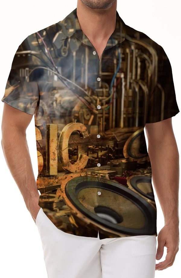 Cool steampunk gear print men's retro collar short sleeve shirt beach shirt and casual shirt suitable for any occasion
